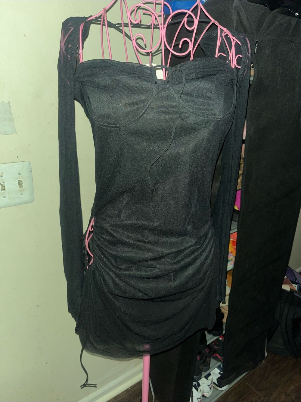 Black Long Sleeve Mesh Ruched Mini Dress